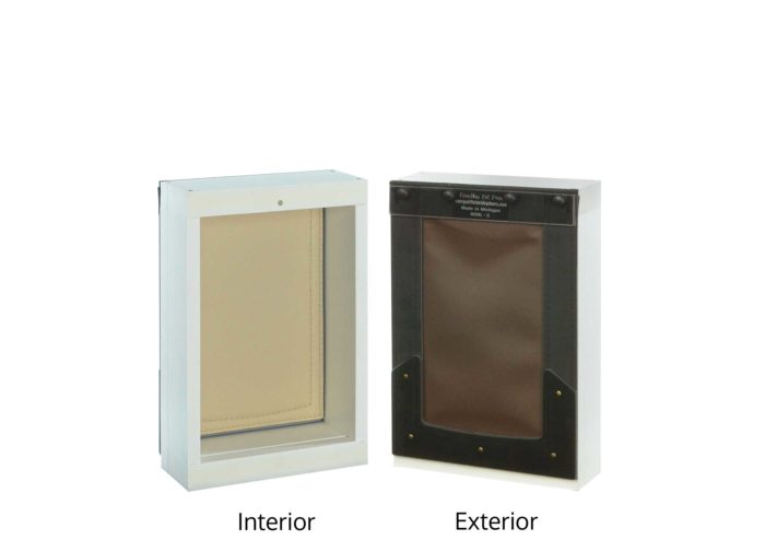 Interior/exterior view of small Freedom Pet Pass wall-mounted pet door with chocolate/tan flap